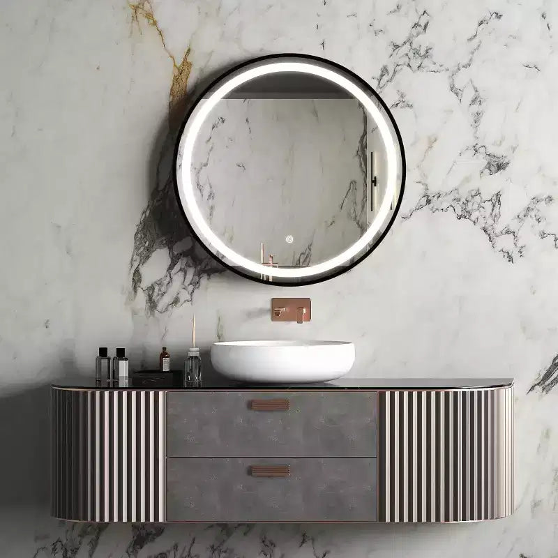 Led Bathroom Mirror, 32 Inch Vanity Mirror with Power and Anti Fog Switch, Metal Frame, Round Dimmable Wall Mounted Makeup Mirror for Home Farmhouse