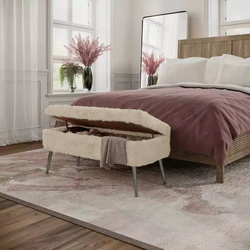 Banc de rangement capitonné en fausse fourrure peluche de luxe