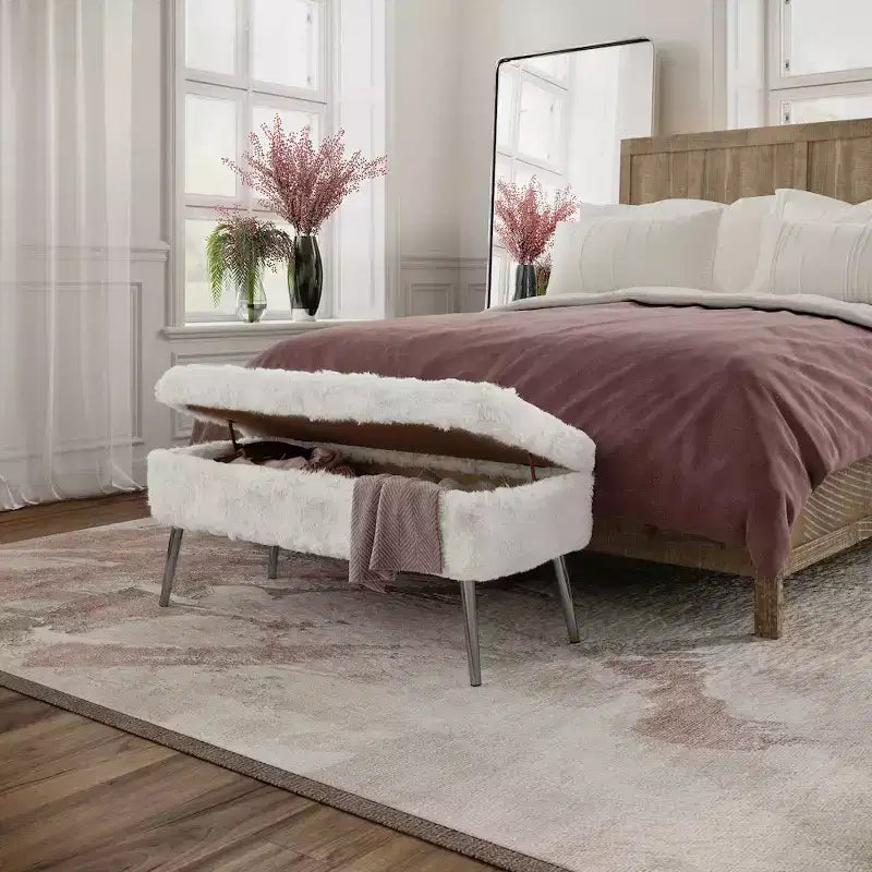 Banc de rangement capitonné en fausse fourrure peluche de luxe
