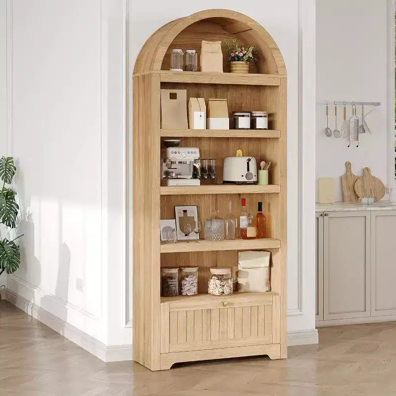 71 Tall Arched Book Shelf, 6-Tier Freestanding Bookshelf with Drawer and Open Display Shelves, Mid Century Modern Arched Bookcase for Home Office