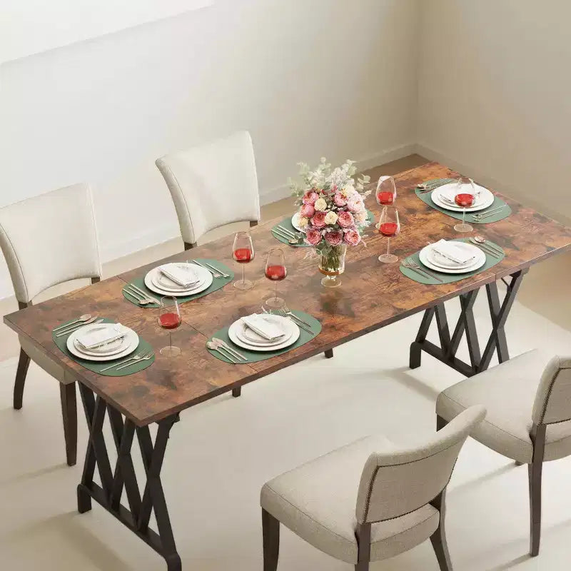 Dining Table, 70.9 Long Rectangular Table for 4-8 People - Thick Flamed Wood Grain Top with Sturdy Metal X Bracket