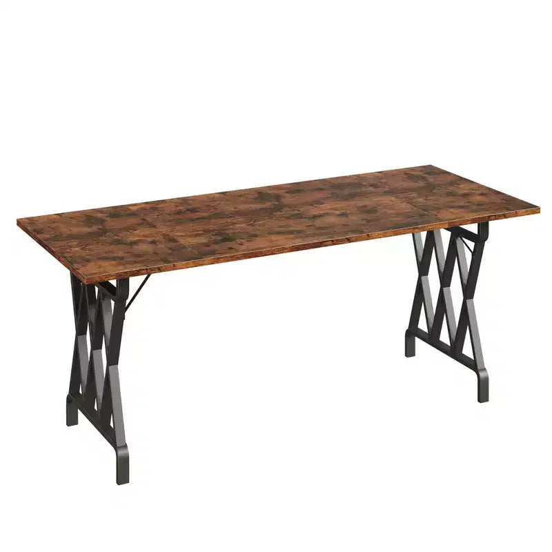 Table à manger longue rectangulaire, plateau épais en bois flammé.