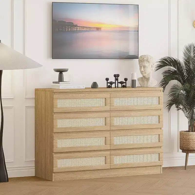 Commode double à 8 tiroirs en rotin pour chambre à coucher, commode moderne en rotin naturel