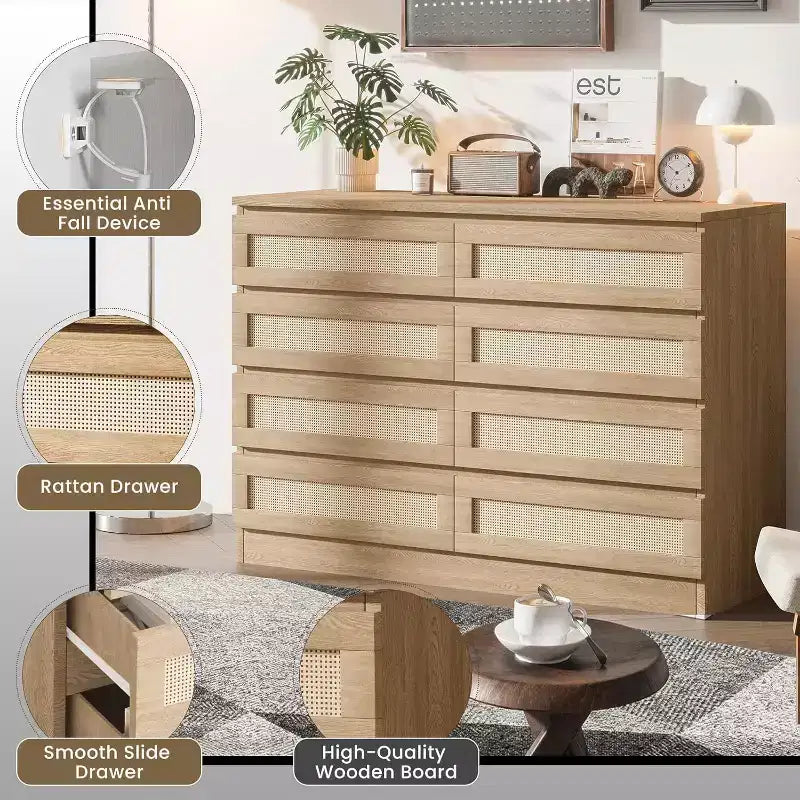 Commode double à 8 tiroirs en rotin pour chambre à coucher, commode moderne en rotin naturel