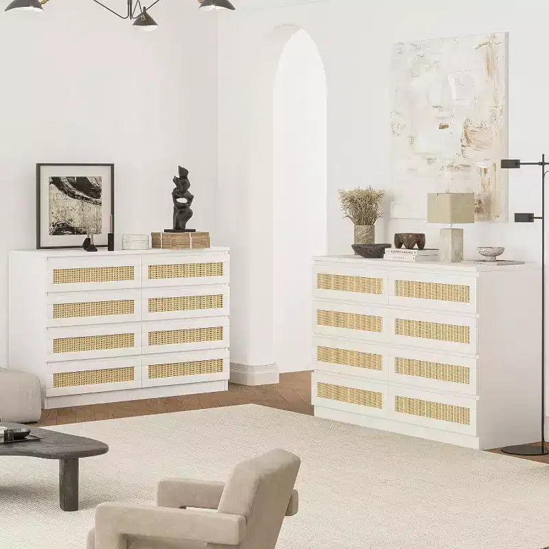 Commode double à 8 tiroirs en rotin pour chambre à coucher, commode moderne en rotin naturel