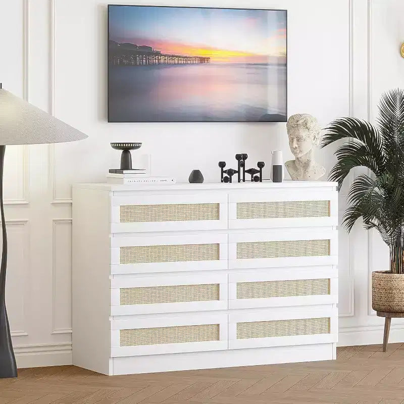 Commode double à 8 tiroirs en rotin pour chambre à coucher, commode moderne en rotin naturel