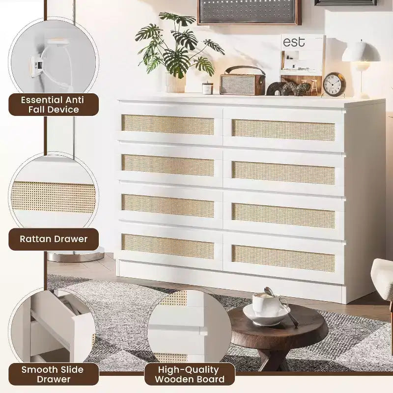 Commode double à 8 tiroirs en rotin pour chambre à coucher, commode moderne en rotin naturel