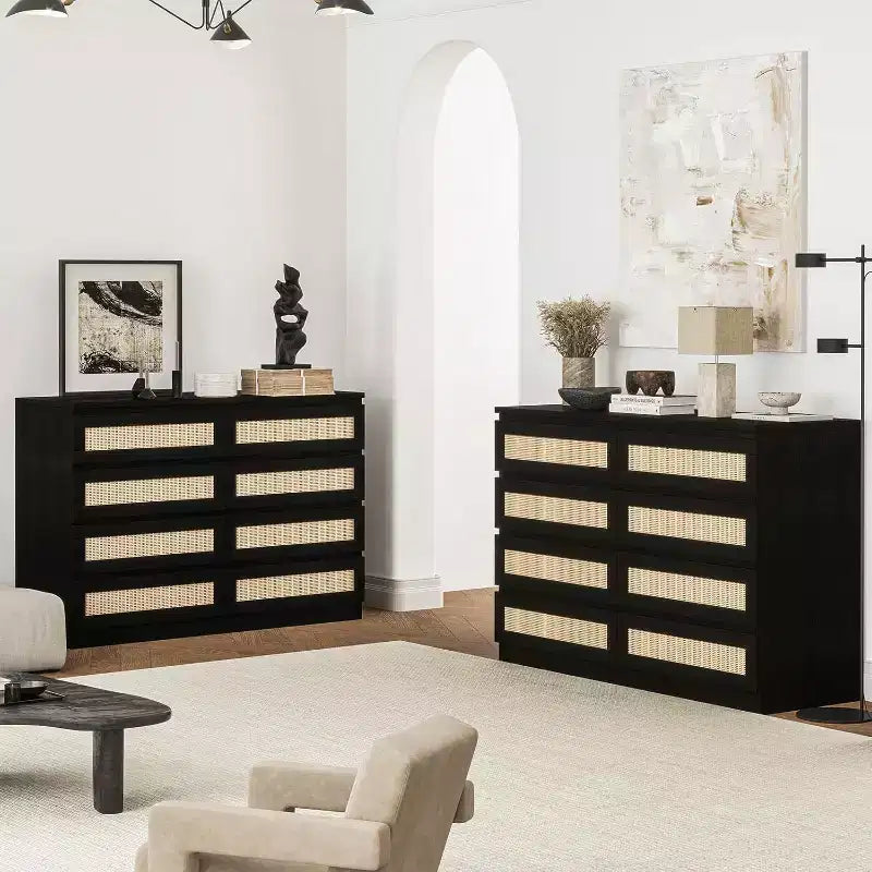 Commode double à 8 tiroirs en rotin pour chambre à coucher, commode moderne en rotin naturel