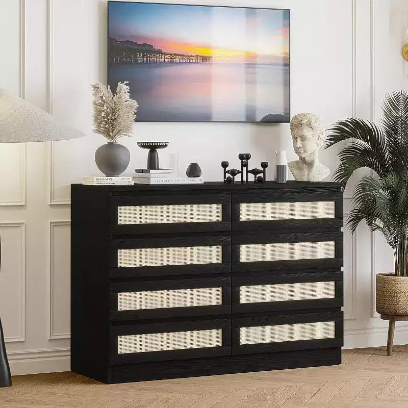 Commode double à 8 tiroirs en rotin pour chambre à coucher, commode moderne en rotin naturel