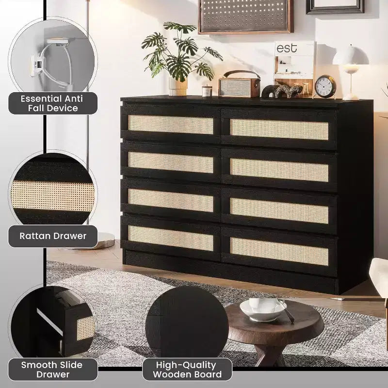 Commode double à 8 tiroirs en rotin pour chambre à coucher, commode moderne en rotin naturel