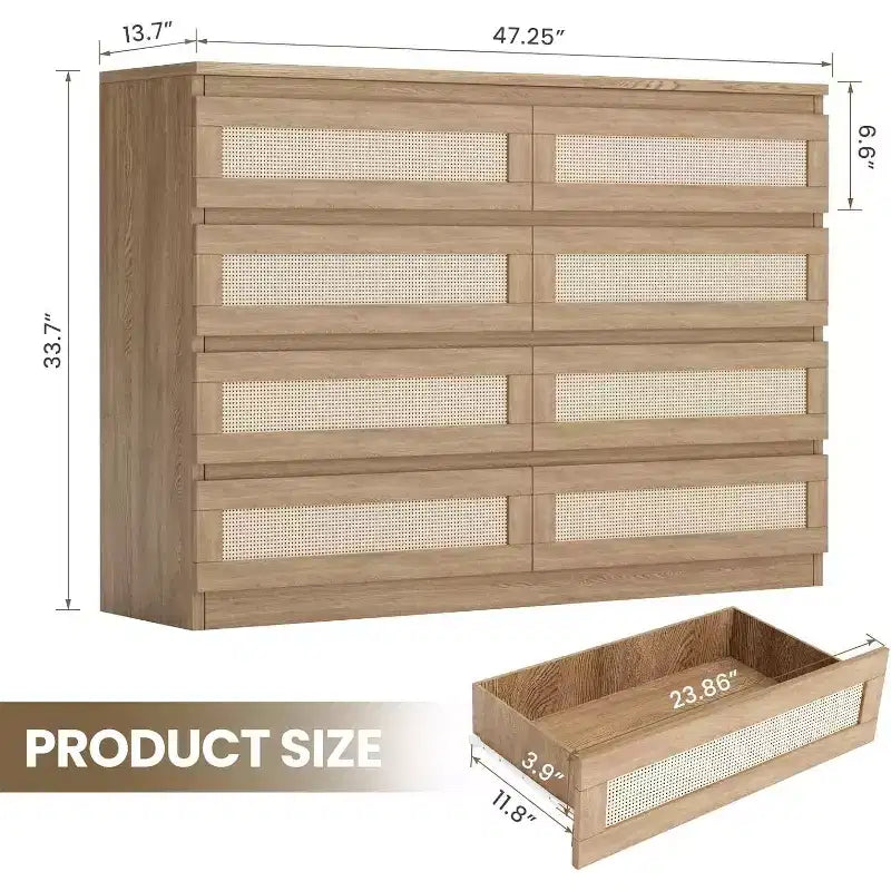 Commode double à 8 tiroirs en rotin pour chambre à coucher, commode moderne en rotin naturel