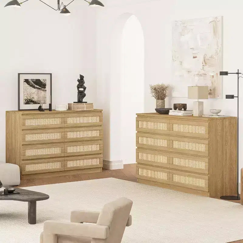 Commode double à 8 tiroirs en rotin pour chambre à coucher, commode moderne en rotin naturel