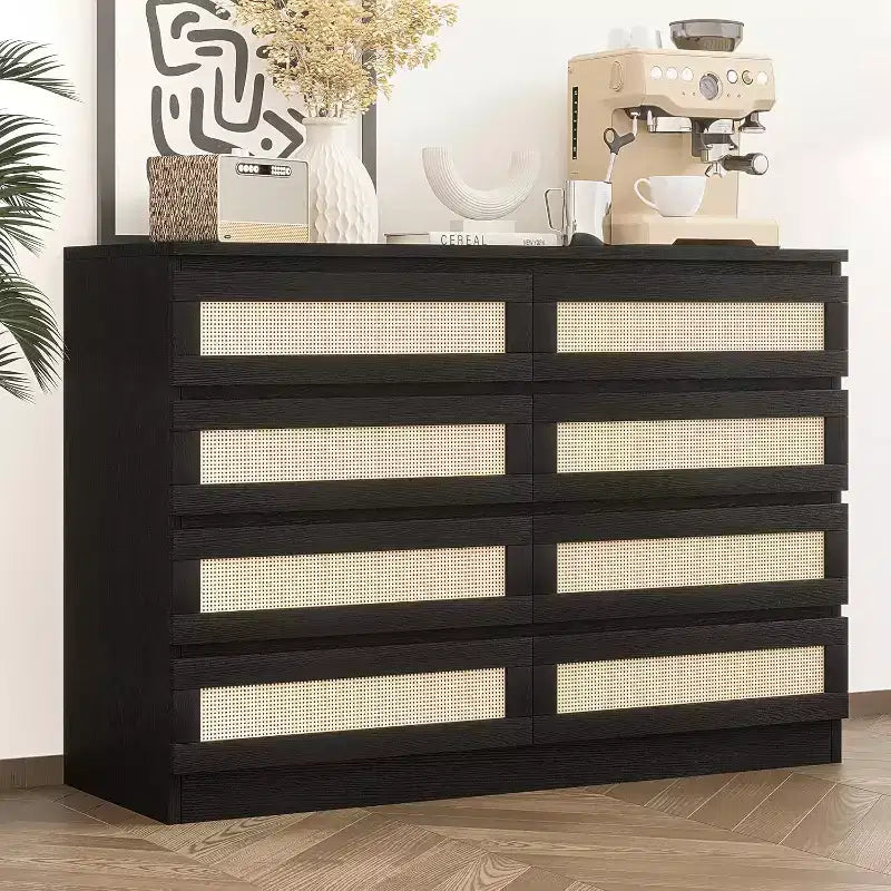 8 Rattan Drawer Double Dresser for Bedroom, Natural Rattan Modern Drawer Chest, Wooden Storage Wardrobe Dresser, for Living Room, Hallway