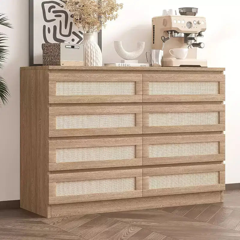 Commode double à 8 tiroirs en rotin pour chambre à coucher, commode moderne en rotin naturel