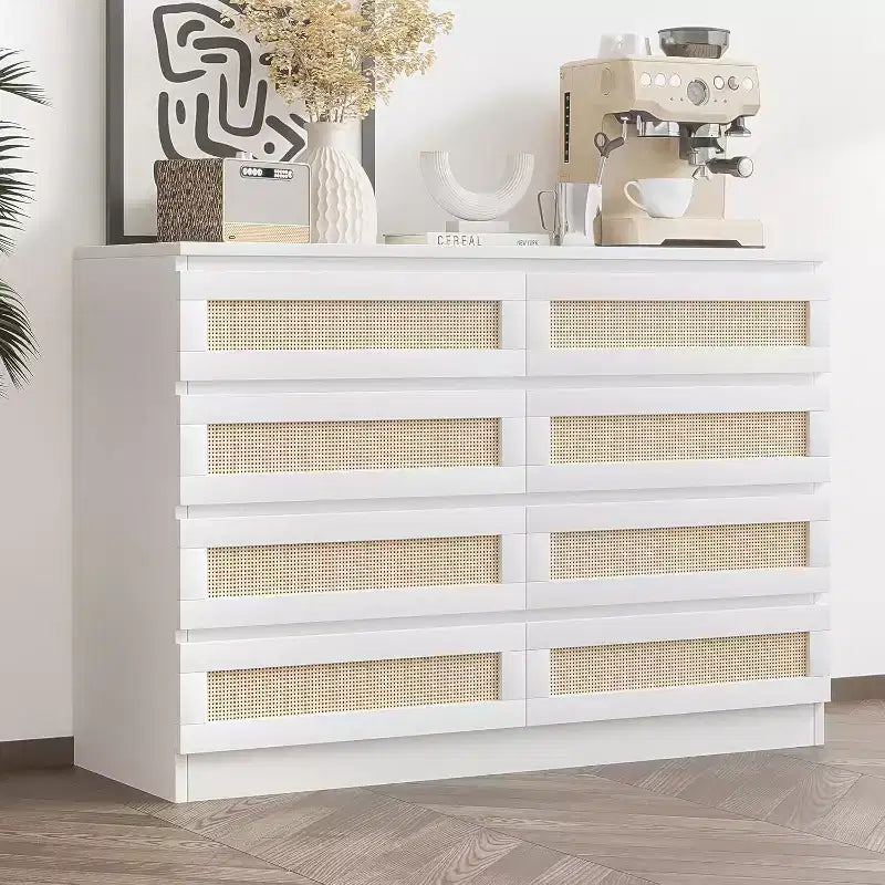Commode double à 8 tiroirs en rotin pour chambre à coucher, commode moderne en rotin naturel
