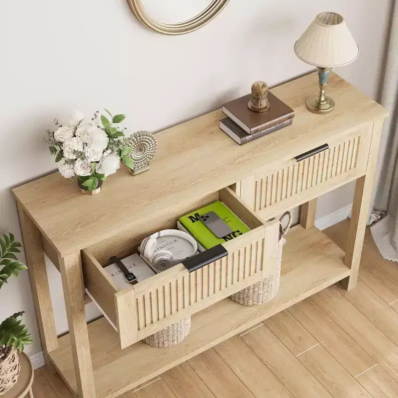 Table console d'entrée de ferme avec 2 tiroirs, table de canapé à 2 niveaux avec rangement