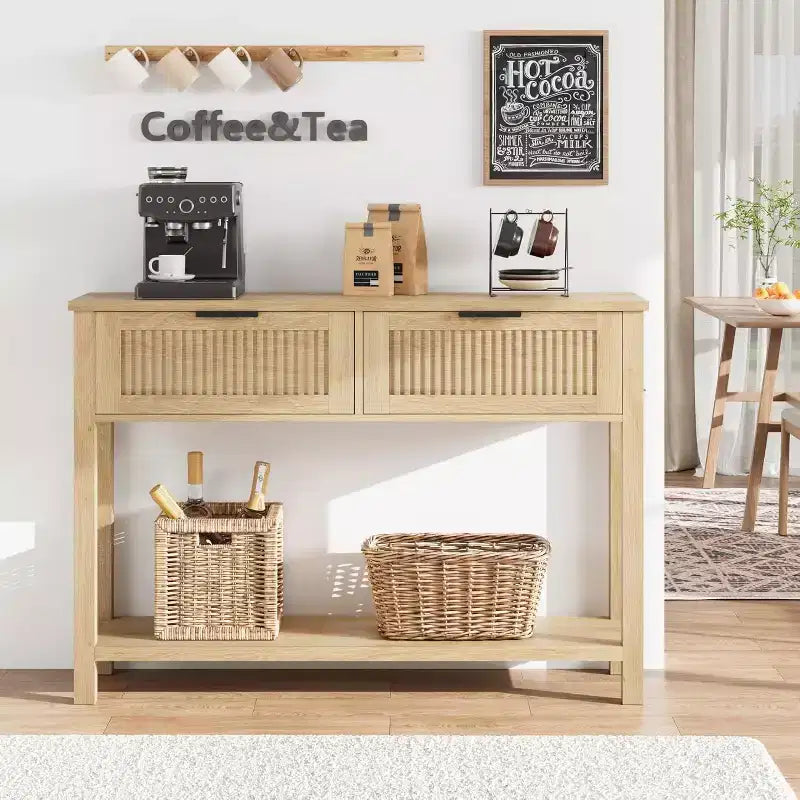 Table console d'entrée de ferme avec 2 tiroirs, table de canapé à 2 niveaux avec rangement