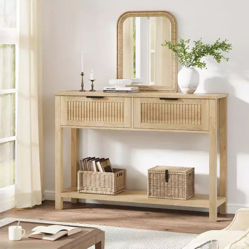 Table console d'entrée de ferme avec 2 tiroirs, table de canapé à 2 niveaux avec rangement