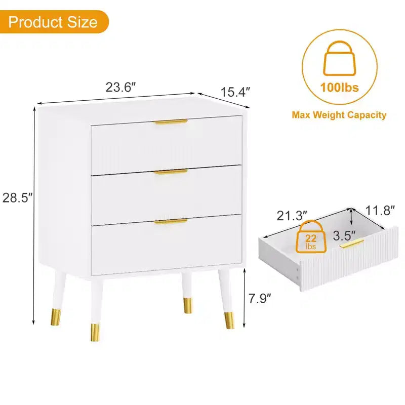 Commode/Table de chevet moderne à 3 tiroirs cannelés pour chambre à coucher