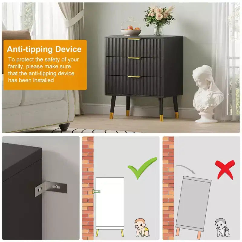 Commode/Table de chevet moderne à 3 tiroirs cannelés pour chambre à coucher