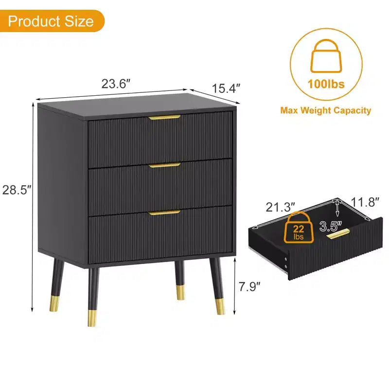 Commode/Table de chevet moderne à 3 tiroirs cannelés pour chambre à coucher