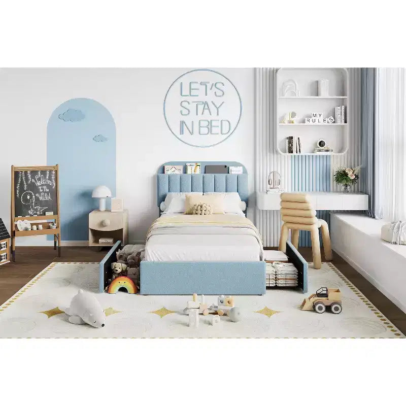 Twin Size Platform Bed Frame, Upholstered Bed Frame, 2 Rolling Drawers, Noise Free Bedframe with Wooden Slats Supports, No Box Spring Needed