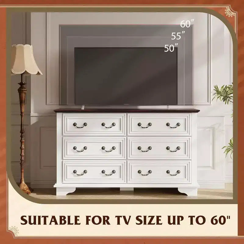 Commode à 6 tiroirs avec poignées métalliques, meuble TV en bois style ferme