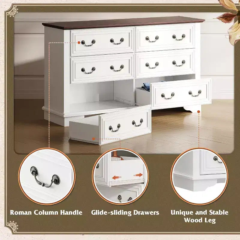 Commode à 6 tiroirs avec poignées métalliques, meuble TV en bois style ferme