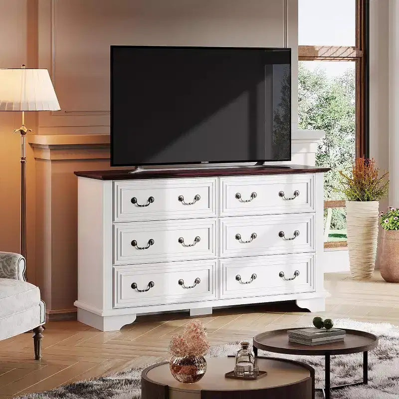 Commode à 6 tiroirs avec poignées métalliques, meuble TV en bois style ferme