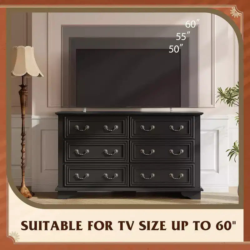 Commode à 6 tiroirs avec poignées métalliques, meuble TV en bois style ferme
