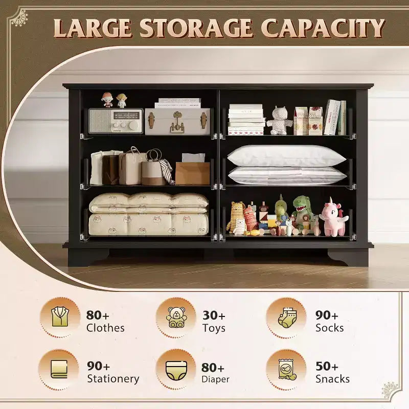 Commode à 6 tiroirs avec poignées métalliques, meuble TV en bois style ferme