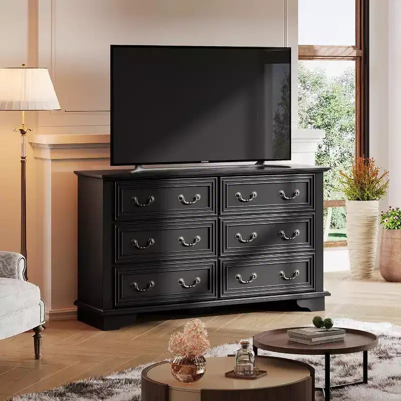 Commode à 6 tiroirs avec poignées métalliques, meuble TV en bois style ferme