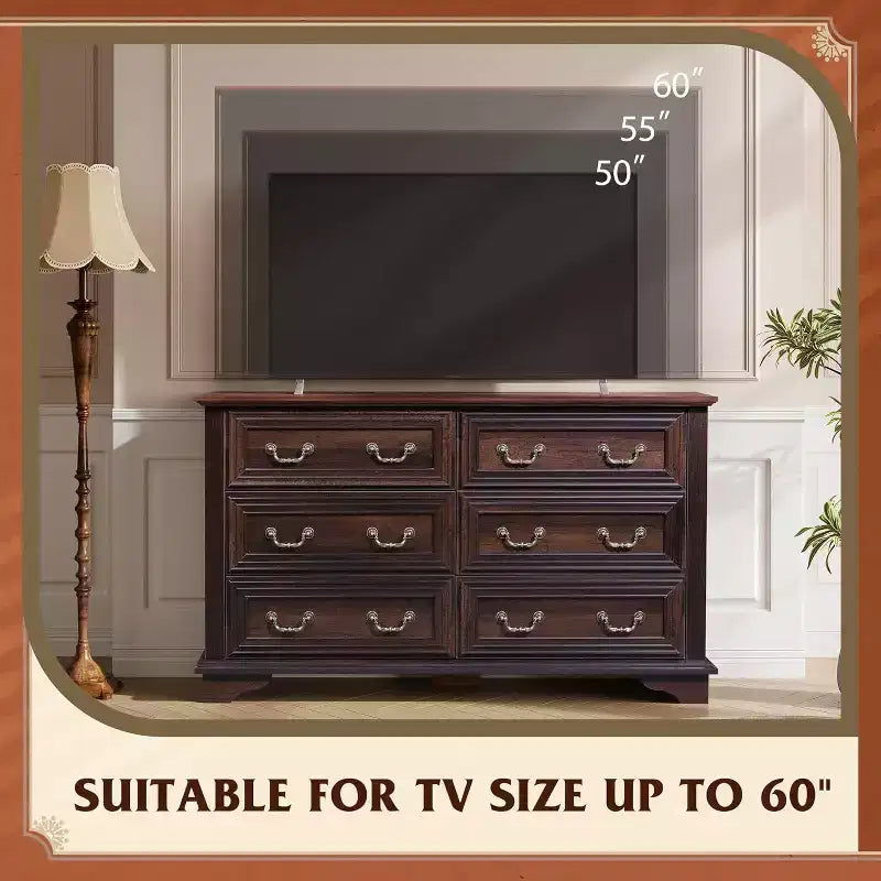 Commode à 6 tiroirs avec poignées métalliques, meuble TV en bois style ferme