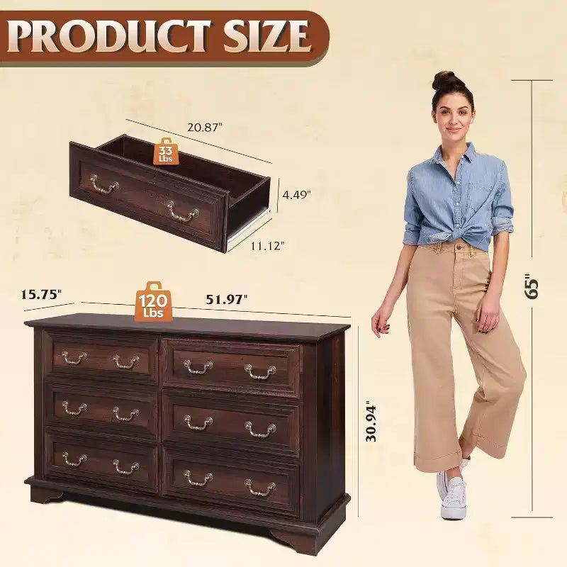 Commode à 6 tiroirs avec poignées métalliques, meuble TV en bois style ferme