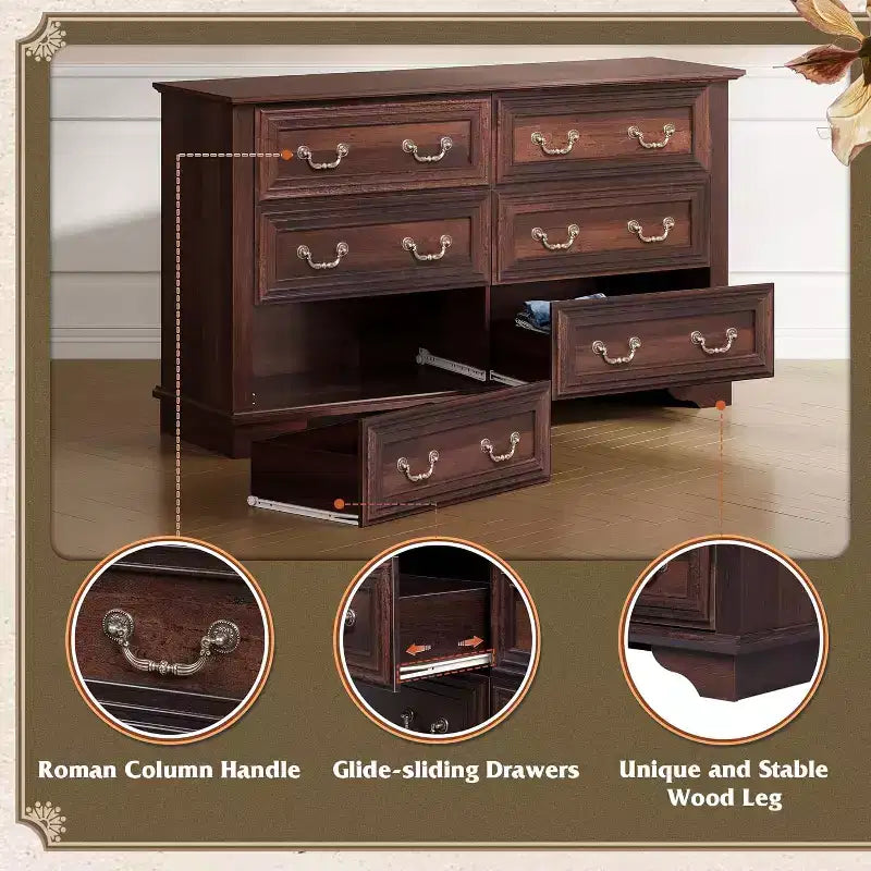 Commode à 6 tiroirs avec poignées métalliques, meuble TV en bois style ferme
