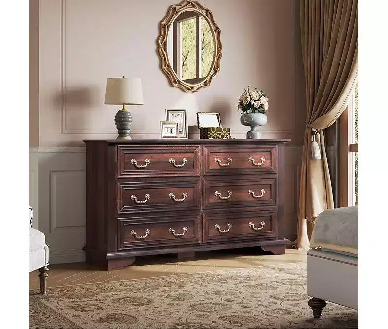Commode à 6 tiroirs avec poignées métalliques, meuble TV en bois style ferme