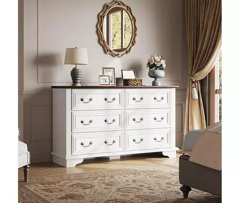Commode à 6 tiroirs avec poignées métalliques, meuble TV en bois style ferme