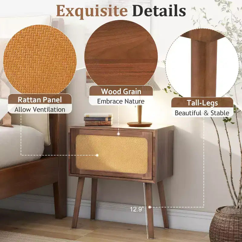 Table de chevet en rotin avec compartiment rotatif, table d'appoint, bout de canapé