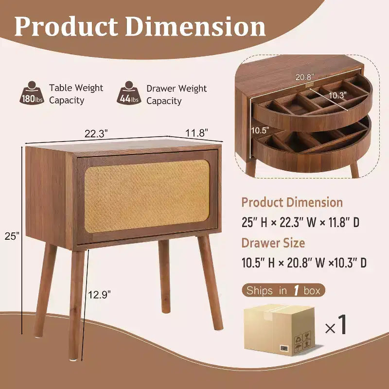 Table de chevet en rotin avec compartiment rotatif, table d'appoint, bout de canapé