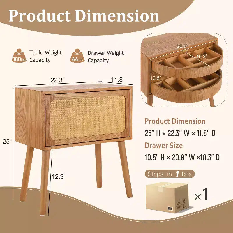 Table de chevet en rotin avec compartiment rotatif, table d'appoint, bout de canapé