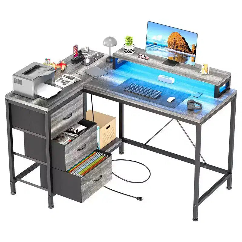 Bureau d'angle en U pour gamer, bureau d'ordinateur réversible en L avec prise de courant et bande LED