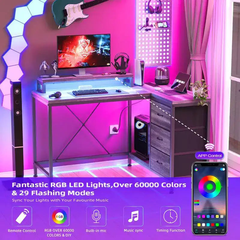 Bureau d'angle en U pour gamer, bureau d'ordinateur réversible en L avec prise de courant et bande LED