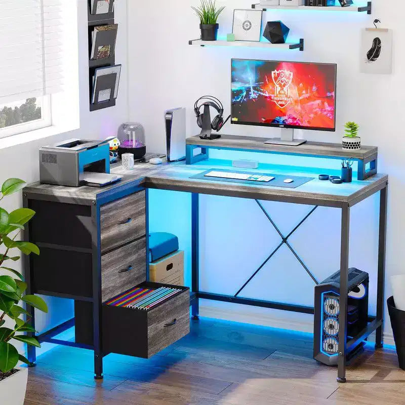 Bureau d'angle en U pour gamer, bureau d'ordinateur réversible en L avec prise de courant et bande LED