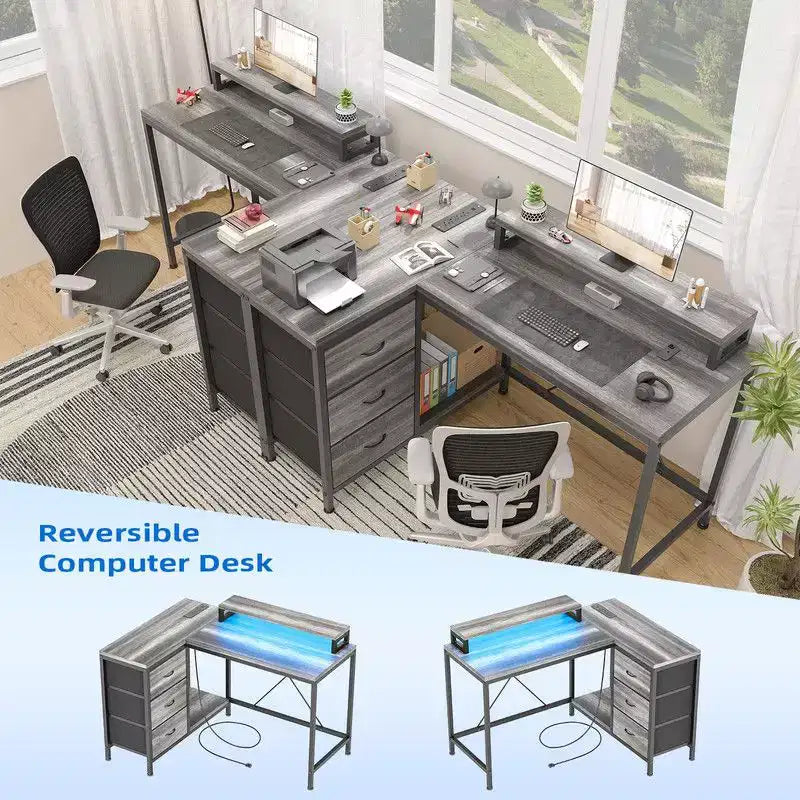 Bureau d'angle en U pour gamer, bureau d'ordinateur réversible en L avec prise de courant et bande LED