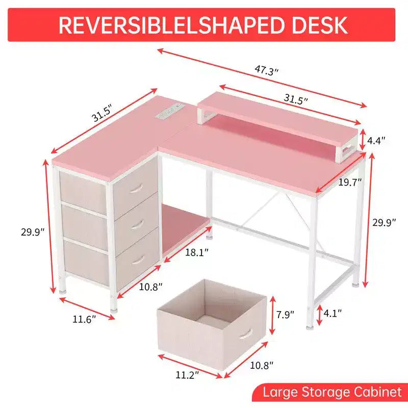 Bureau d'angle en U pour gamer, bureau d'ordinateur réversible en L avec prise de courant et bande LED
