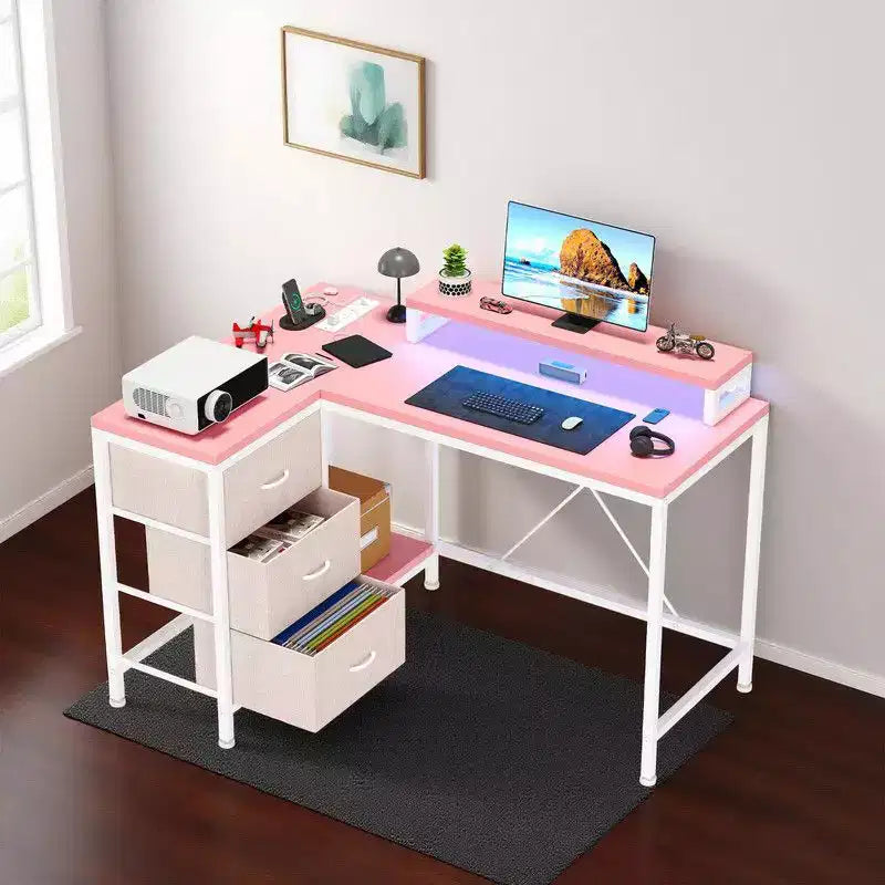 Bureau d'angle en U pour gamer, bureau d'ordinateur réversible en L avec prise de courant et bande LED