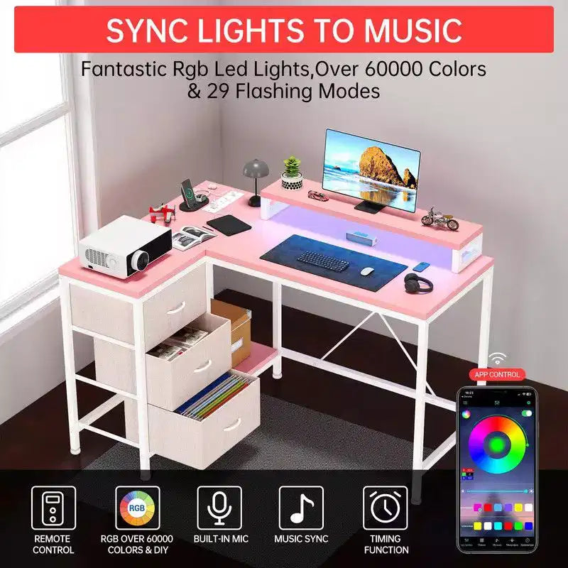 Bureau d'angle en U pour gamer, bureau d'ordinateur réversible en L avec prise de courant et bande LED