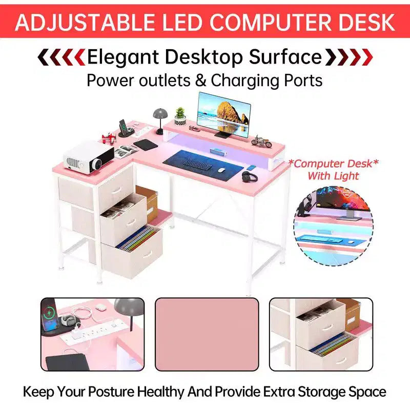 Bureau d'angle en U pour gamer, bureau d'ordinateur réversible en L avec prise de courant et bande LED