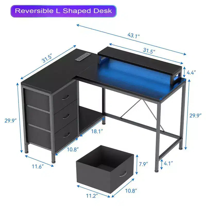 Bureau d'angle en U pour gamer, bureau d'ordinateur réversible en L avec prise de courant et bande LED
