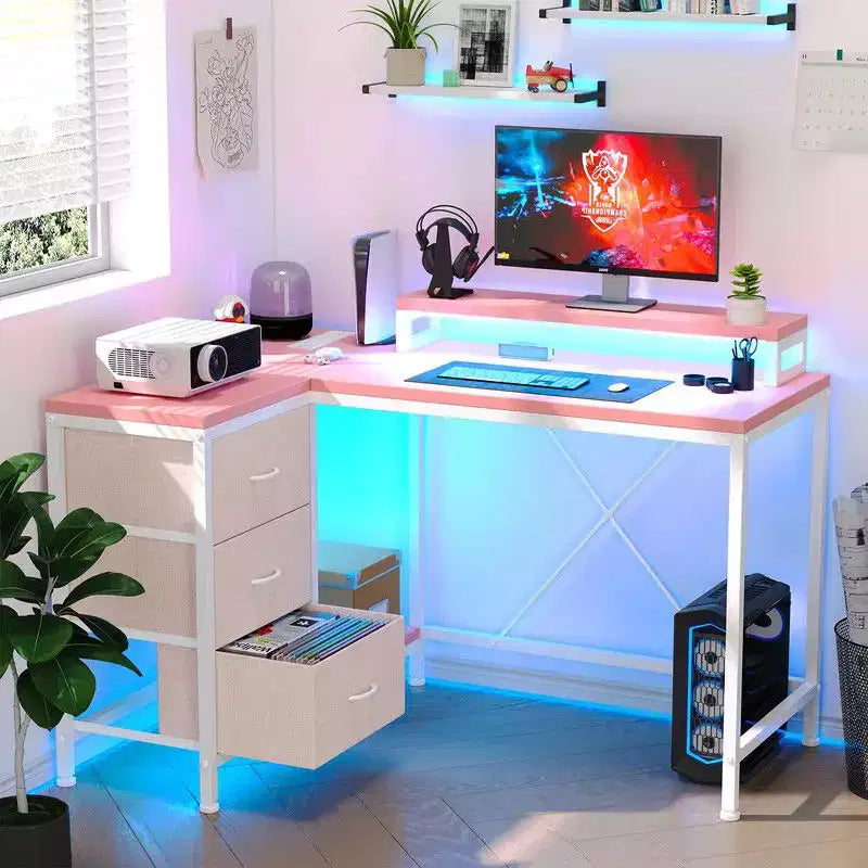 Bureau d'angle en U pour gamer, bureau d'ordinateur réversible en L avec prise de courant et bande LED